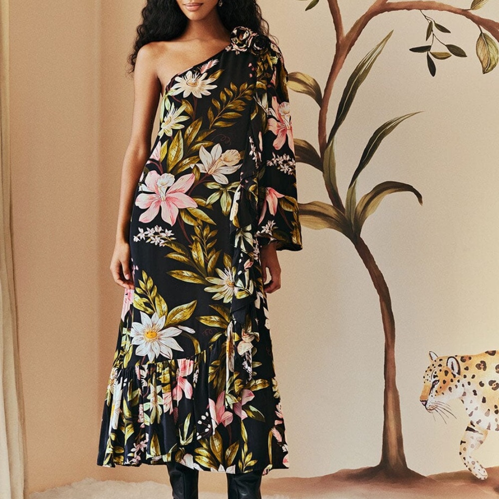 FARM Rio One Shoulder Floral Midi Dress XXS Black Tropical Ruffle Wedding Guest